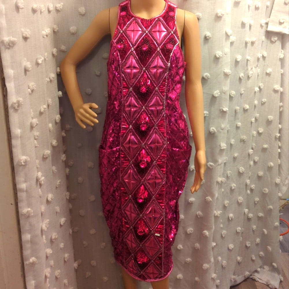 BALMAIN H&M Pink Crystal Jeweled Embellished Dress Size Us 8 38 US8 Very Slim E6